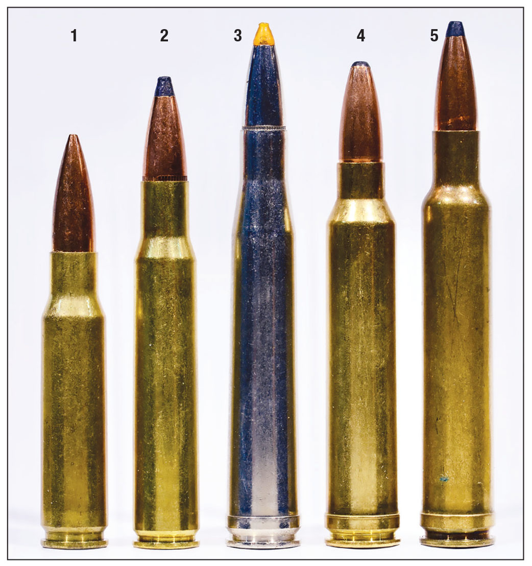 Five variations on the .308 bore: (1) 308 Winchester, (2) 30-06 Springfield, (3) 300 H&H, (4) 300 Winchester Magnum and (5) 300 Weatherby Magnum. All are great cartridges, and will do a wide range of jobs provided they are put in the right rifle, with the right barrel length.